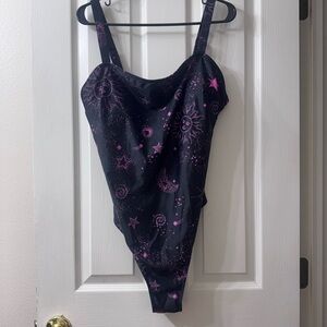 Black and Pink Celestial Print One-Piece Swimsuit with matching wrap